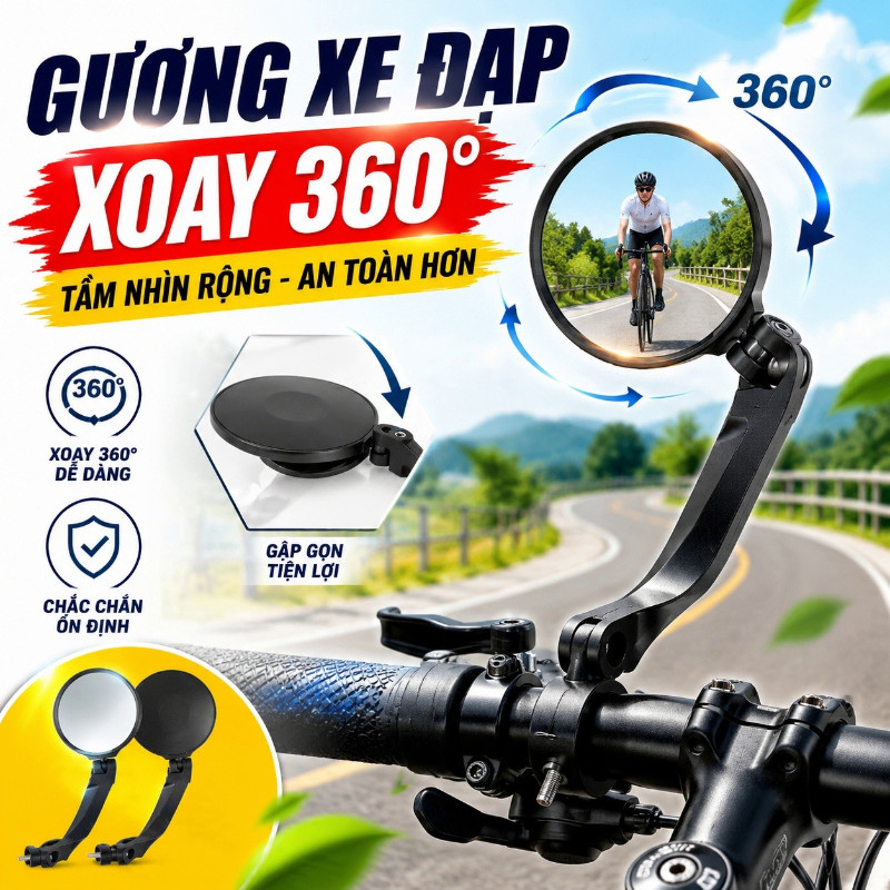 Gương chiếu hậu xe đạp xoay 360° linh hoạt thủy tinh HD rõ nét thân nhôm bền chống gỉ cho xe điện