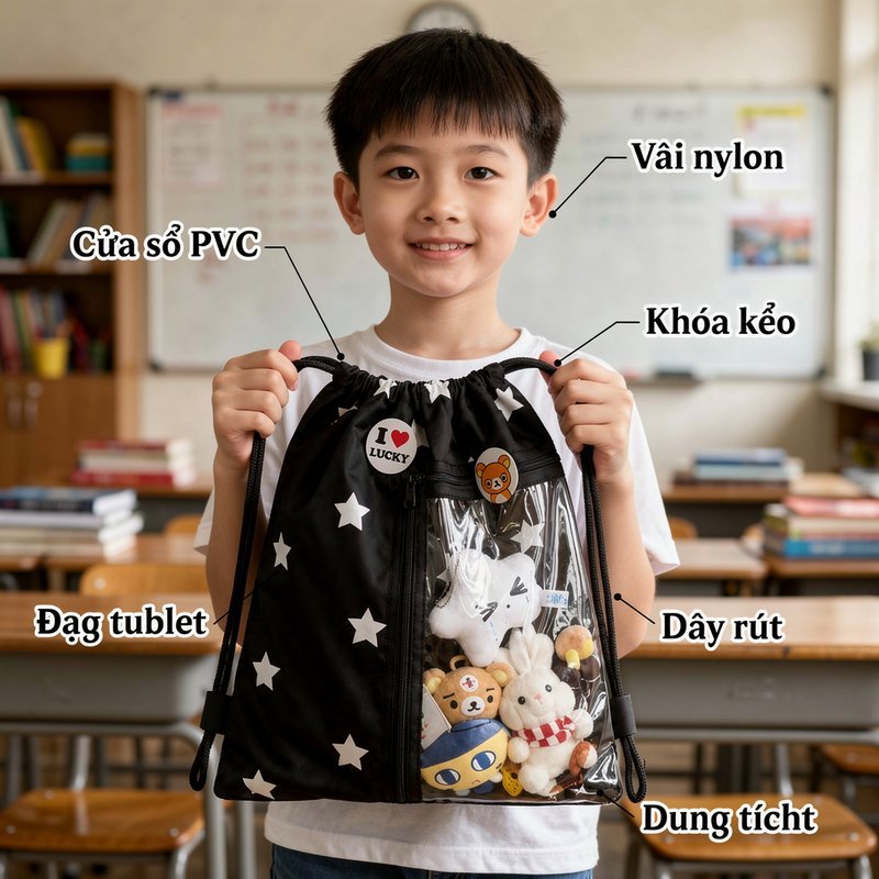 túi dây rút trong suốt nylon nhẹ bền chống nước ngăn pvc khóa kéo học sinh đi học