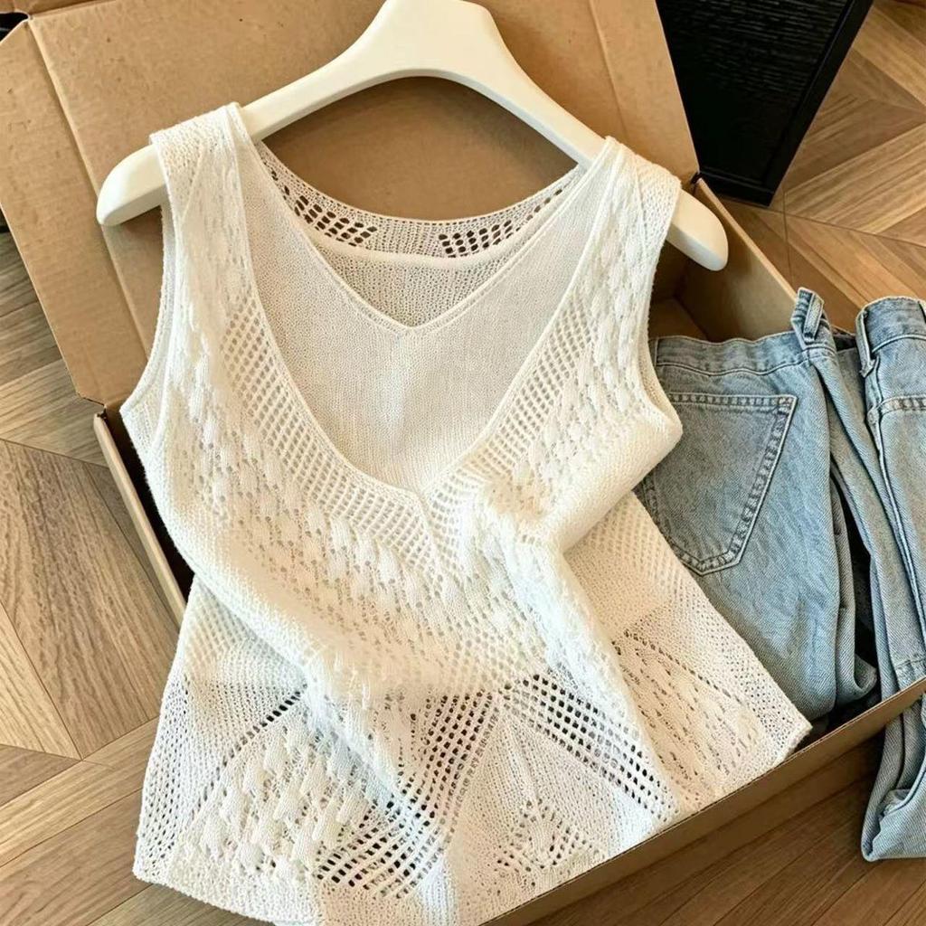 [Khuyến mãi trong thời gian có hạn] Áo Vest dệt kim hai mảnh rỗng cổ chữ V Phiên bản mỏng nhẹ nhàng phiên bản mùa hè được xếp lớp bên trong