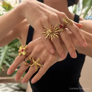 Đi Biển Kỳ Nghỉ Mặt Trời Sao Biển Mở Vòng Thép Không Gỉ Vintage Đá Quý Hoa Nhẫn