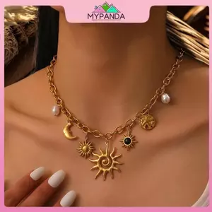 MYPANDA Hợp Thời Trang Sao Biển Mặt Trăng Mặt Dây Chuyền Hình Mặt Trời Quyến Rũ Nelace Tuyên Bố Thép Không Gỉ Dây Xích Vàng Trang Sức Thời Trang Mạ PVD.