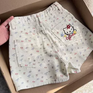 Quần short Denim thêu mèo màu be Size lớn Slimer Look All-match a-