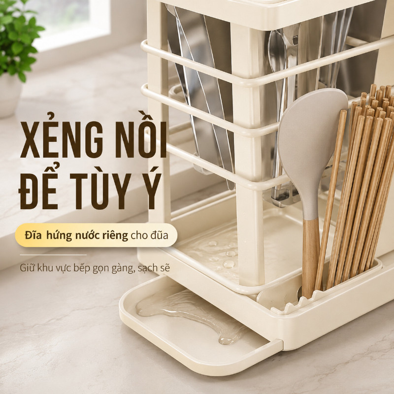 Kệ Cắm Dao Kéo Inox - Khay Hứng Nước, Thiết Kế Thoáng Khí Chống Rỉ, đa Năng Chống Nước Cho Bếp Gọn Gàng