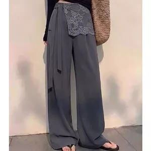 Màu xám giả Ruy băng hai mảnh Bộ đồ ren cho nữ Mùa hè Phong cách mới Quần ống rộng thông thường