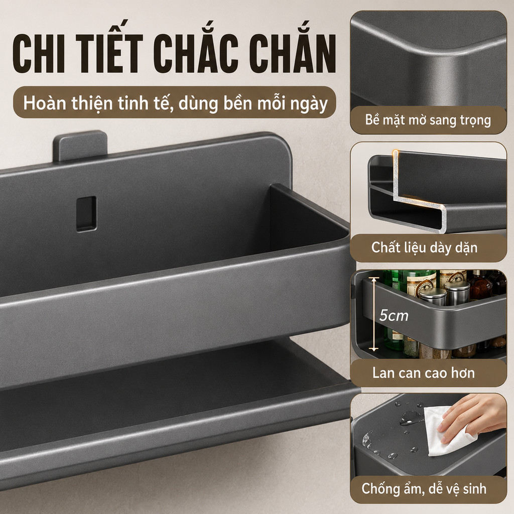 Kệ Gia Vị Nhà Bếp Thép Carbon - Đa Năng, Lắp Dán/Khoan Tường, Chịu Lực Tốt, Không Gỉ