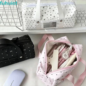 Hộp đựng bút chì chấm bi hình ngôi sao FUHUIOT, Túi đựng bút chì cầm tay dung tích lớn, Dây kéo in nơ mới Đóng cửa Văn phòng phẩm bền Quà tặng tổ chức