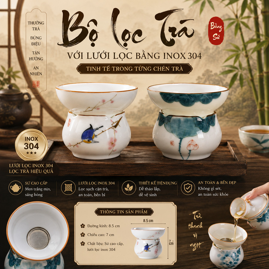 Lọc Trà, Lược Trà Bằng Sứ Cảnh Đức Trấn Dùng Pha Trà (Lưới Lọc Inox 304)