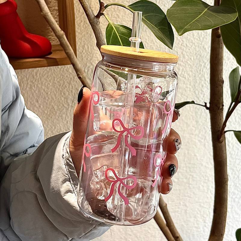 TRTR 500ml Nơ Nhựa Cốc Nước Mason Jar Hình Chai Nước Có Nắp Và Ống Hút Cho Cà Phê Đá Nước Uống Cốc Quà Tặng VN