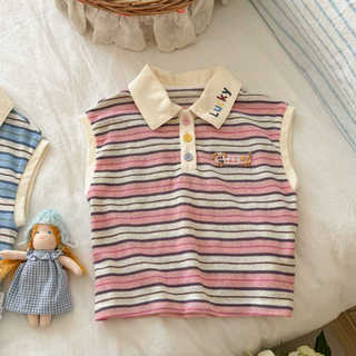 Áo Sơ Mi POLO Sọc Bé Gái Thời Trang Trẻ Em Hoạt Hình Ve Áo Dễ Thương Không Tay Top
