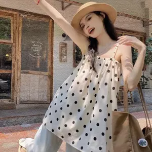 Mùa hè Phong cách mới Fat MM Little Mom Style Fat mm Polka Dot Sling Loose Fat MM Vest Slimer Look Top All-Match Sleeveless Women