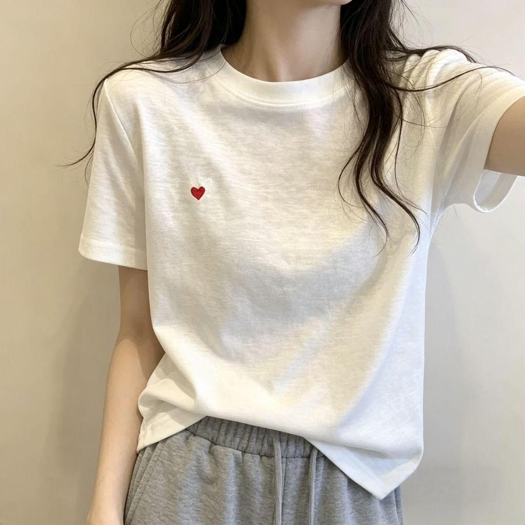 [Seckill trong thời gian có hạn] Áo thun ngắn tay thêu trái tim màu xanh bông tuyết dành cho nữ Vai chính hãng mùa hè Phong cách mới che phủ da thịt Sli