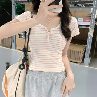 Áo thun ngắn tay sọc cổ chữ U dành cho nữ mùa hè Phong cách mới Slim-fit Slimmer Look Học sinh hàng đầu