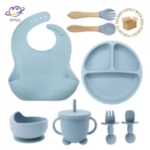 HFTOY 3 / 6 / 8 Chiếc Bộ Đồ Ăn Silicon Cho Bé Đồ Dùng Trẻ Em Yếm Ống Hút Bát Đĩa Hút Bộ Đồ Ăn ~