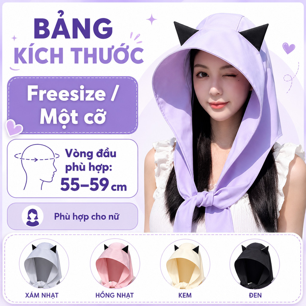 Mũ Chống Nắng Tai Mèo Dễ Thương – Nón Trùm Đầu Chống UV, Form Rộng, Che Cổ, Phong Cách Hàn Quốc, Gấp Gọn