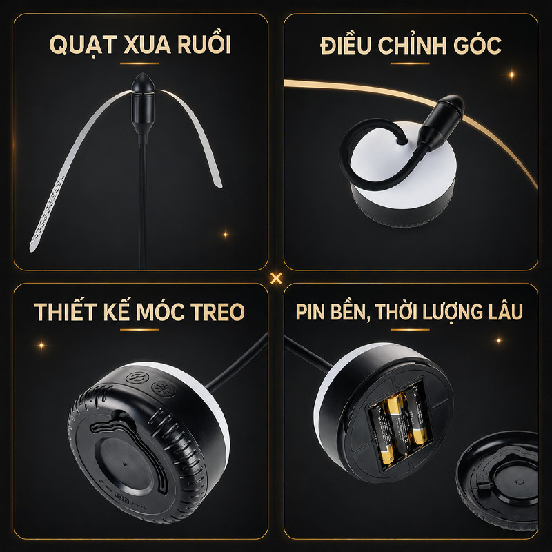 Quạt Bàn Đuổi Muỗi – Đèn Vàng, Cánh Mềm, Pin AA, IPX4 Dùng Nhà Hàng Ngoài Trời & Cắm Trại