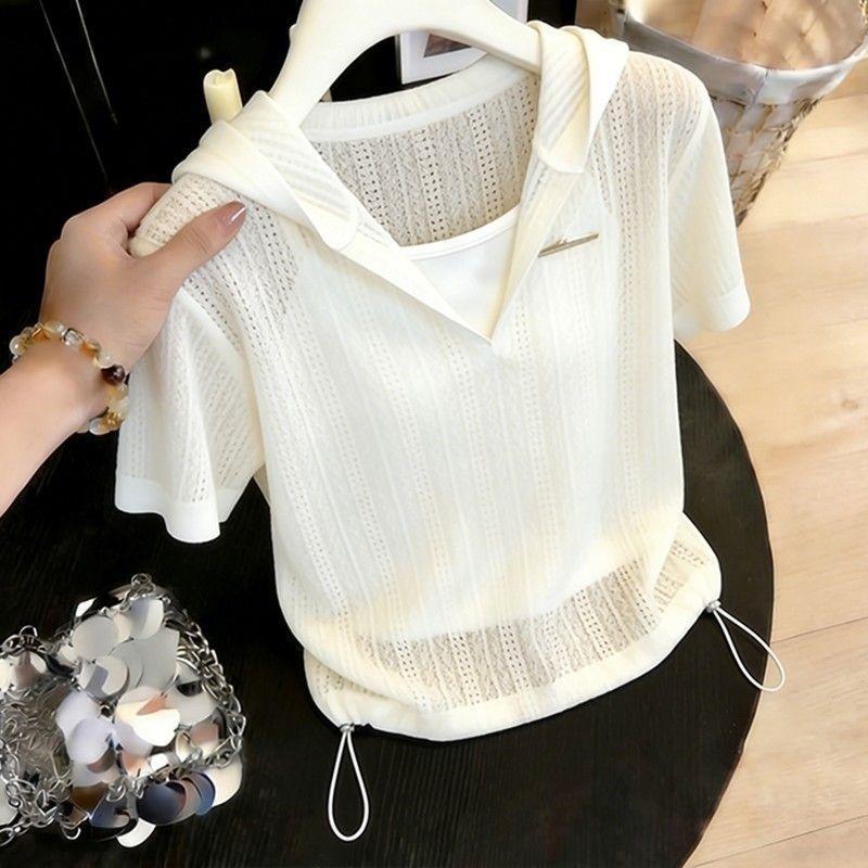 [Thời gian có hạn Seckill] Áo Hoodie dệt kim lụa băng mùa hè dành cho nữ Thiết kế rỗng Áo thun dây rút eo hẹp mỏng hơn Áo chống nắng