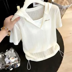 Áo Hoodie dệt kim lụa băng mùa hè dành cho nữ Thiết kế rỗng Áo thun dây rút eo hẹp mỏng hơn Áo chống nắng