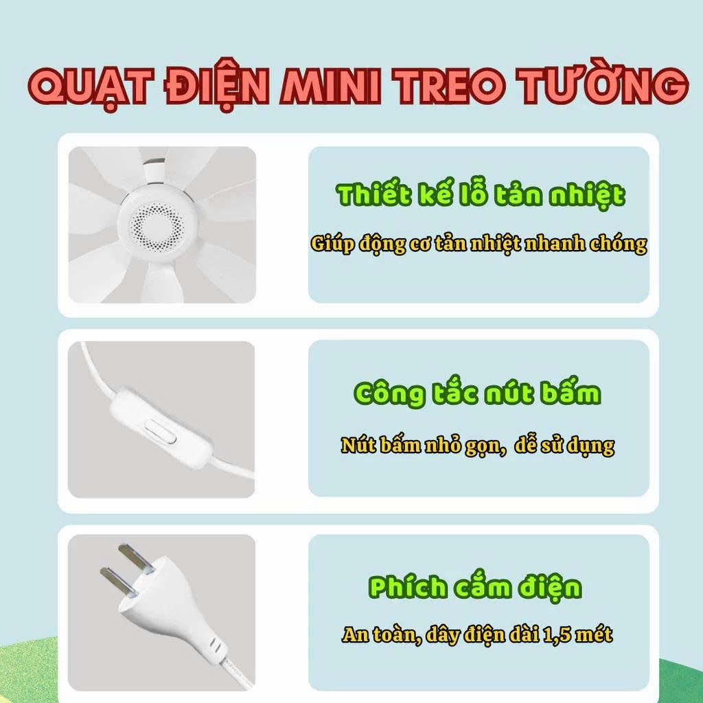 Quạt Treo Tường Nhà vệ Sinh, Phòng Tắm, Nhà Bếp 8 Cánh Không Tiếng Ồn Xoay 360 Độ, Kèm Miếng Dán