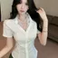 Áo sơ mi trắng gợi cảm Pure Desire mùa hè ren cổ chữ V eo hẹp, thời trang phù hợp