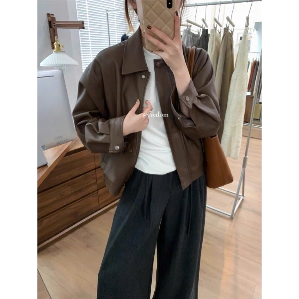 Áo khoác da ForgirlStudio áo da nữ dáng rộng chất liệu PU mềm có lớp lót trong T079