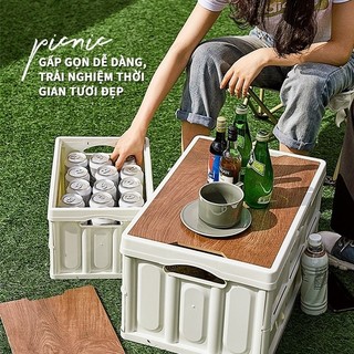 Bàn camping gấp gọn đa năng có hộp nhựa - mặt bàn gỗ, nắp hộp gỗ MDF - phù hợp picnic & cắm trại ngoài trời