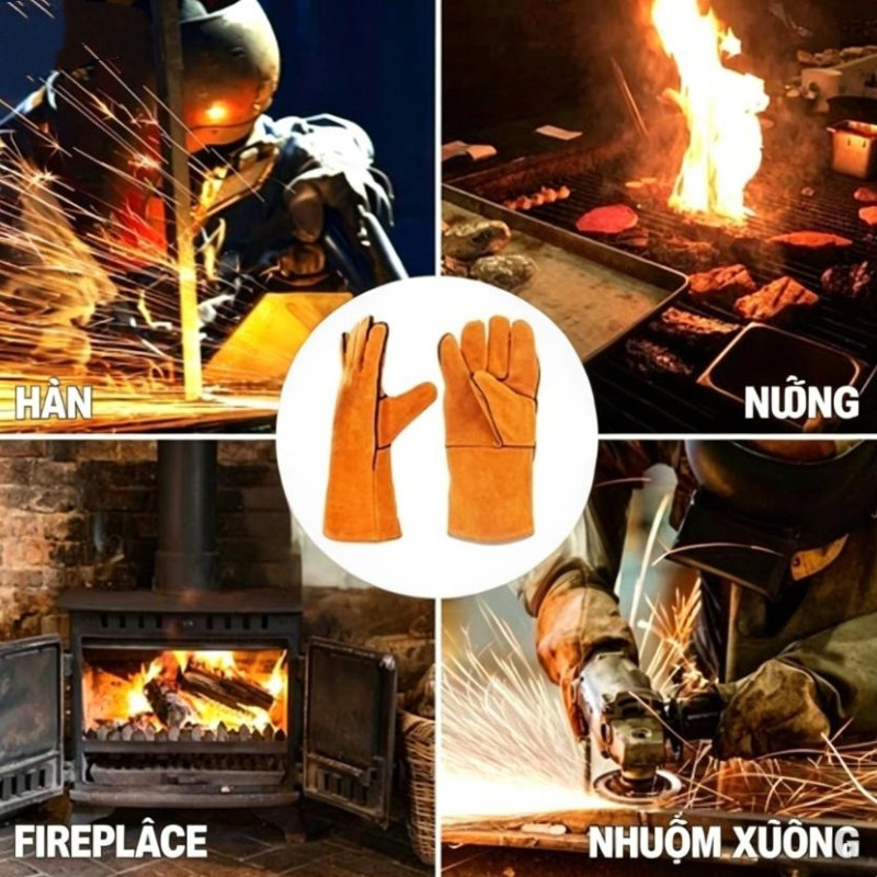 Găng tay hàn dài, da bò dày hai lớp, cách nhiệt và chống bỏng, chống mài mòn và chống trơn trượt, chống cháy, chịu nhiệt