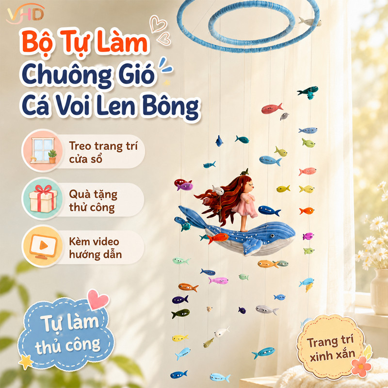 Bộ DIY Chuông Gió Cá Voi Len Bông – Treo Trang Trí Cửa Sổ, Quà Tặng Handmade, Kèm Video Hướng Dẫn