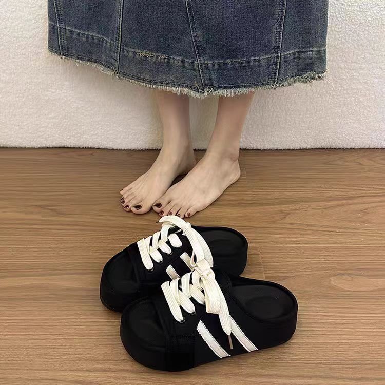 Mùa Hè Phong Cách Hàn Quốc Niche Mũi Tròn Đế Dày Mặc Bên Ngoài Dép PU Nữ Nâng Cao Chống Trơn Trượt Thoải Mái