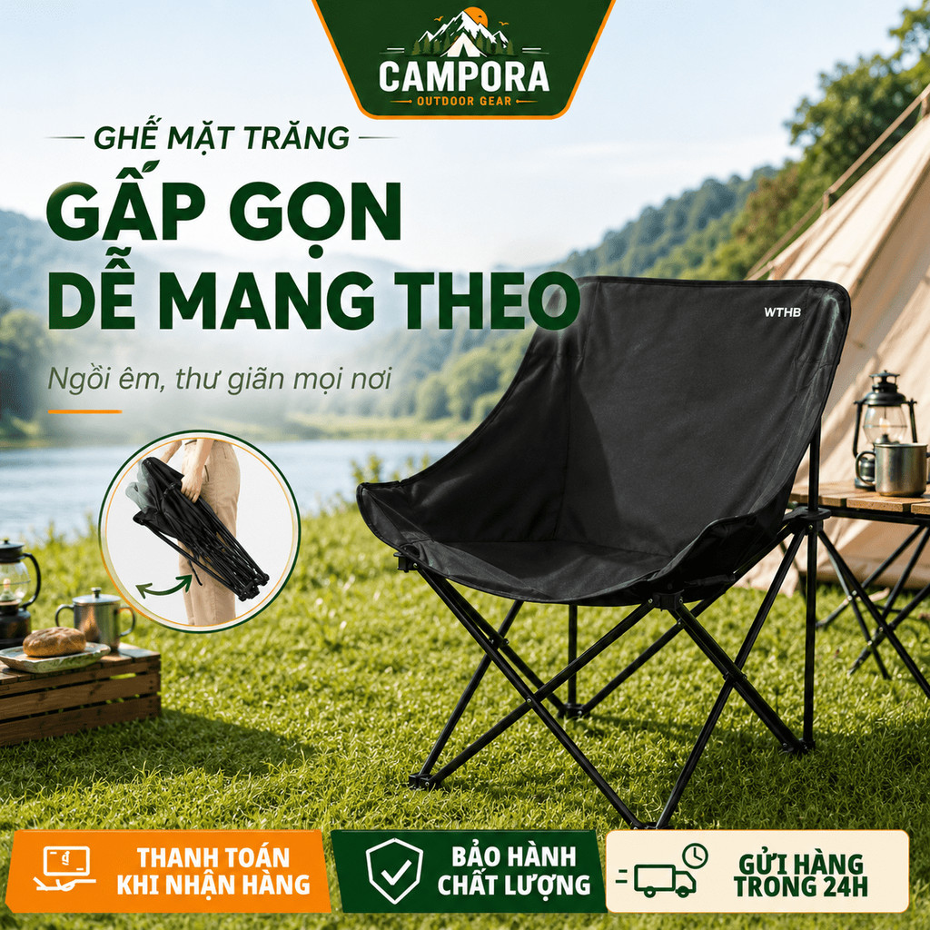 Ghế Mặt Trăng Cotton Siêu Mềm Ngồi Lâu Không Mệt, Gấp Gọn Di Động Ngoài Trời, Tải Trọng 300kg, Dùng Cho Câu Cá Cắm Trại