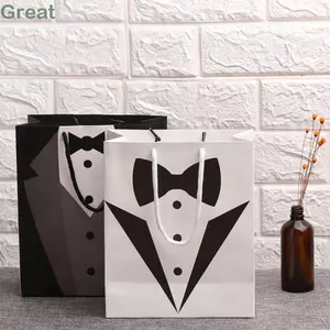 TUYỆT VỜI 2 / 5 Túi Quà Tặng Có Tay Cầm Ủng Hộ Đám Cưới Đen Trắng Có Thể Tái Chế Tuxedo Groomsmen