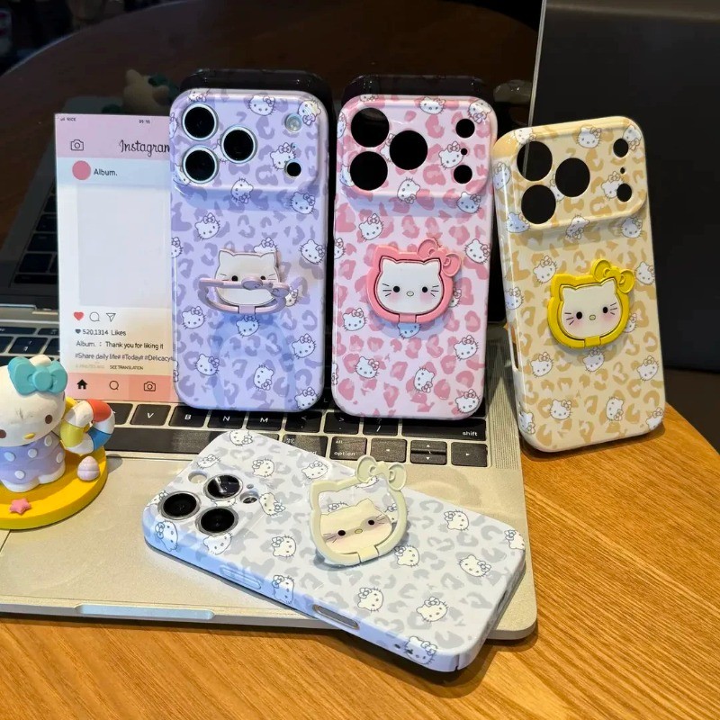 Ốp lưng iPhone Sweet Cool họa tiết da báo Hello Kitty có giá đỡ điện thoại IP - 11/12/13/14/15/16/17/Plus/Air/Pro/Max