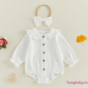 Bộ áo liền quần có nút áo liền quần phía trước cổ búp bê dài tay màu trơn có bộ băng đô