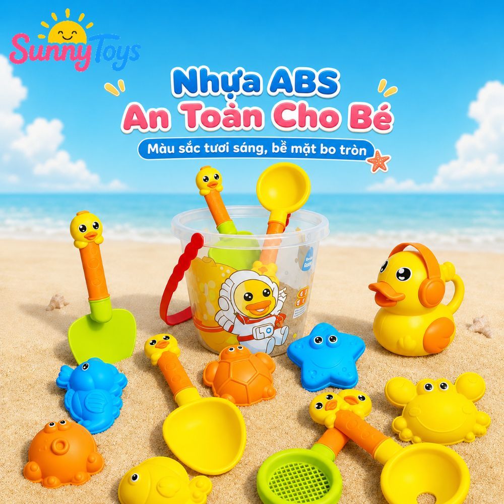 Bộ Đồ Chơi Cát Biển SunnyToys 14 Món - Xô Vịt Vàng, Xẻng Cát Và Bình Tưới Cho Bé
