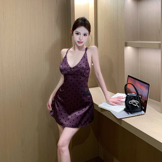Nova-Đầm slip chấm bi tím cho nữ, cổ chữ V sâu, ôm sát cơ thể, dây mảnh, Váy gợi cảm buộc lưng