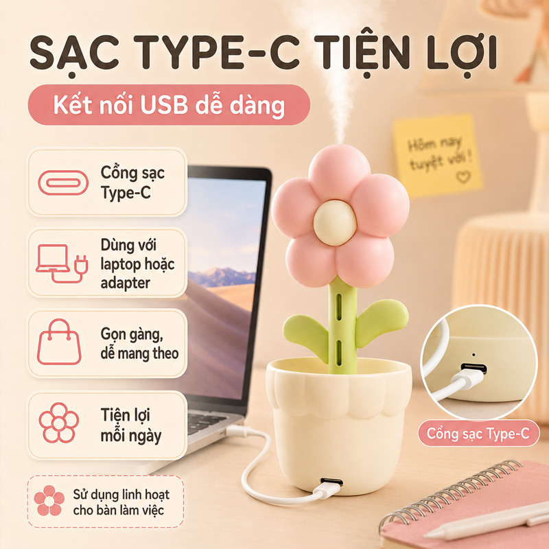 Máy tạo ẩm hoa USB để bàn,Máy tạo độ ẩm Hoa Mini,bà bầu và em bé, tăng độ ẩm không khí gia đình
