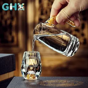 GHX Cốc thủy tinh pha lê sang trọng, đáy đôi vàng lá, dùng cho vodka/sake/shochu/trà, quà tặng cao cấp VN