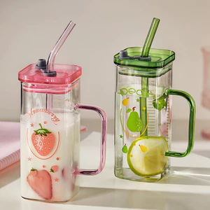 Thủy Tinh Vuông Cốc Nước Ống Hút Dây Chịu Nhiệt Cốc Trà Trái Cây Borosilicate Có Nắp Có Tay Cầm