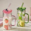 Thủy Tinh Vuông Cốc Nước Ống Hút Dây Chịu Nhiệt Cốc Trà Trái Cây Borosilicate Có Nắp Có Tay Cầm