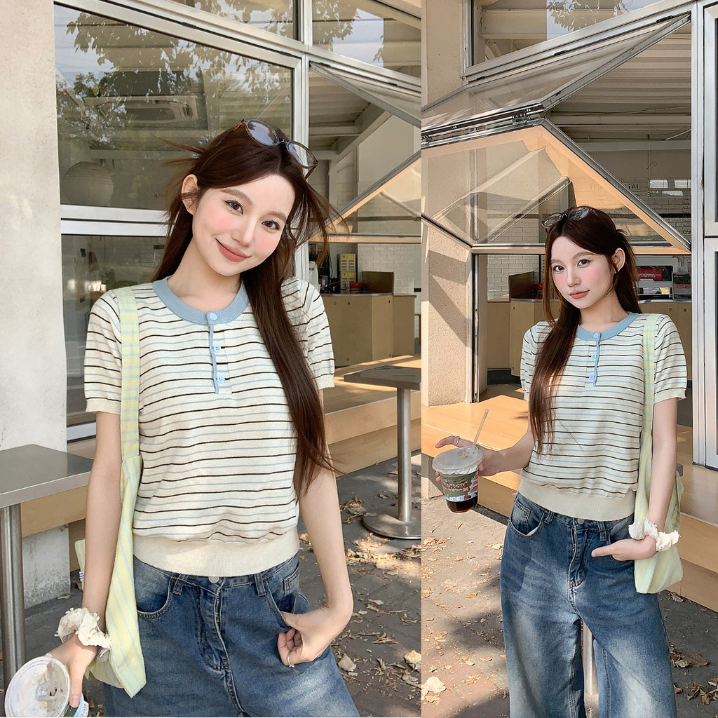 SUXI Áo thun dệt kim ngắn tay cổ tròn sọc nhẹ nhàng mùa hè mới dành cho nữ 260523
