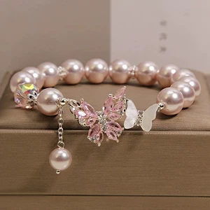 Vòng tay bướm ngọc trai hồng dành cho nữ - Dấu pha lê - Fairycore Thẩm mỹ - Tua Rua Dainty - dành cho Bestie