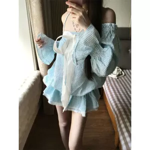 Đầu Thu Kỳ Nghỉ Bộ Váy Có Họa Tiết Sọc Nơ Ống Top Dress Off-the-Shoulder Na