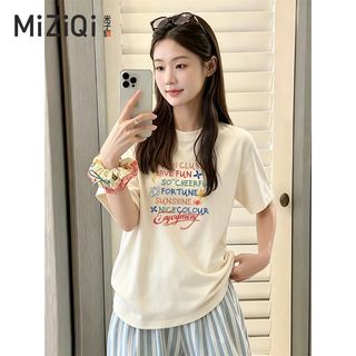 [MIZIQI] Áo thun ngắn tay dáng rộng Cotton nguyên chất dành cho nữ, Áo cổ tròn in hình phong cách đơn giản