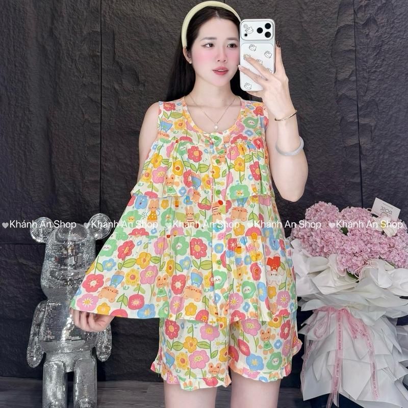 SA.Le KA124- Đồ Bộ Tole Lanh Nữ  Mặc Nhà Áo Sát Cánh Tầng Quần Đùi Size 40-80kg Hoạ Tiết Hoa Hình D23