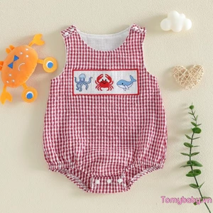 Bộ đồ liền thân thêu cổ tròn không tay cho bé trai
