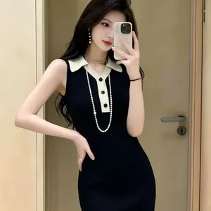 Mùa Hè Phong Cách Mới Váy Dệt Kim Hepburn Phong Cách POLO Cổ Áo Không Tay Phiên Bản Thiết Kế May Ôm Vừa Vặn Ôm Hơn Nhìn Váy