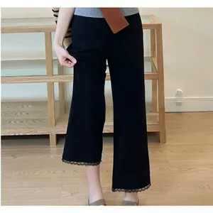 Quần Đen Nữ Drap Nhỏ Viền Ren Thường Ngày Quần Thẳng Size Lớn Béo mm