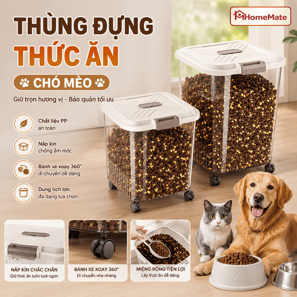 Thùng Đựng Thức Ăn Chó Mèo HomeMate Có Bánh Xe, Hộp Đựng Hạt Kín Khí Chống Ẩm Dung Tích Lớn 5KG–15KG