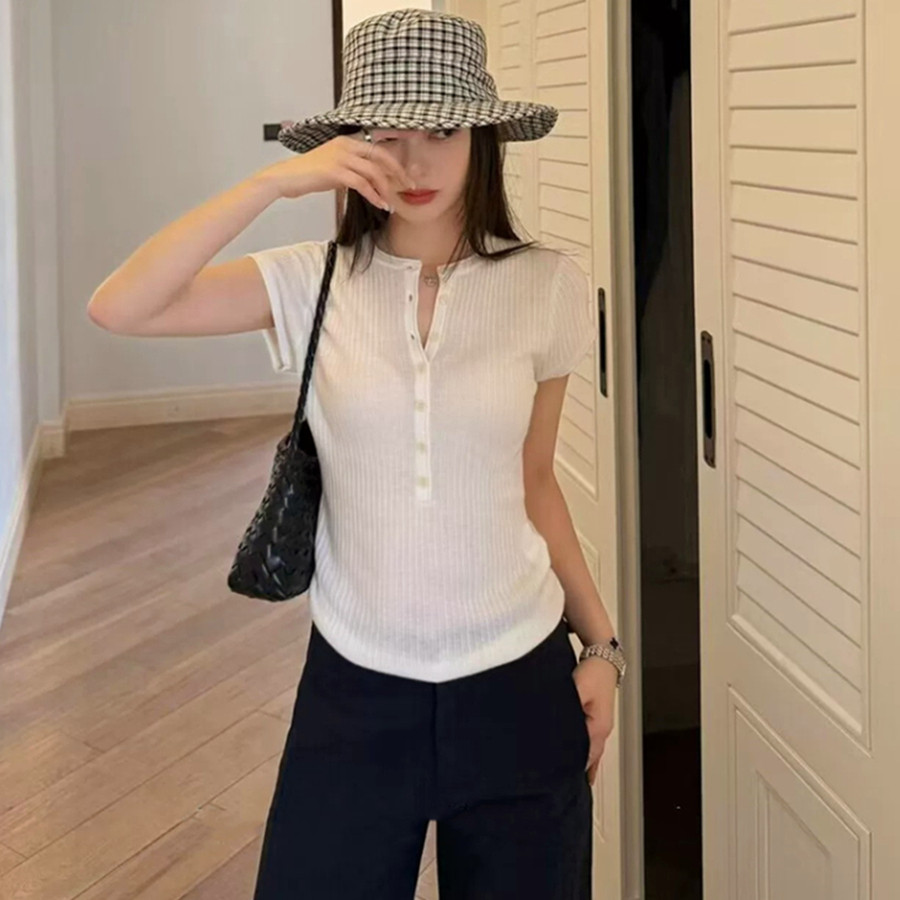 SUXI Áo thun ngắn tay màu trơn đơn giản giản đơn giản mùa hè mới dành cho nữ 260601