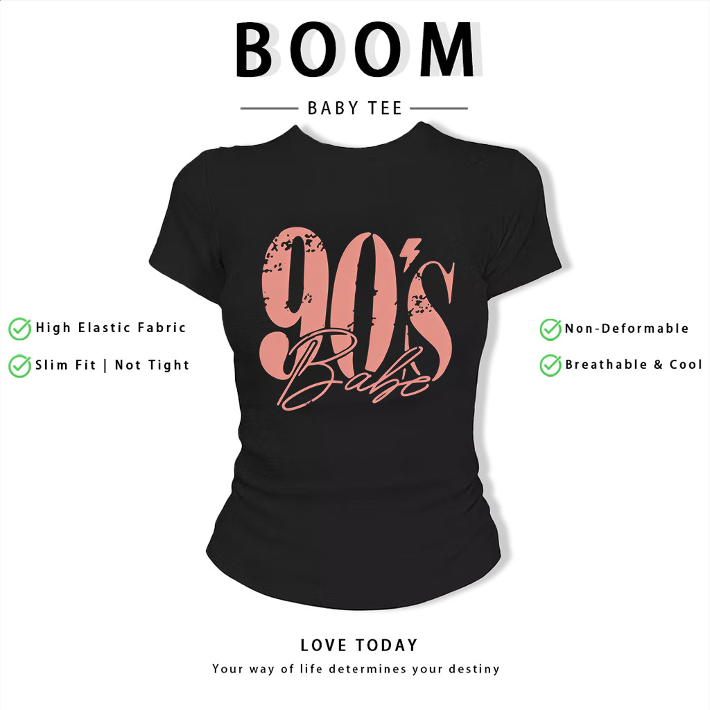 BOOM Áo Baby Tee Nữ Cotton Ôm Body-Áo Thun Ngắn Tay Y2K In Hình PhongCách Mùa Hè, Cổ Tròn Hàng Đầucách hàn quốc phong017