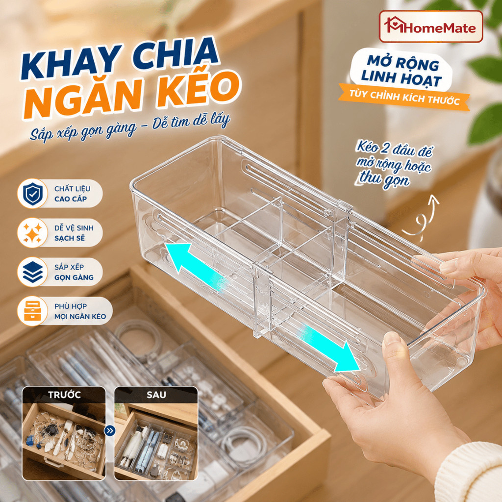 Khay Chia Ngăn Kéo HomeMate Thông Minh Điều Chỉnh Kích Thước, Khay Đựng Mỹ Phẩm, Dao Muỗng, Văn Phòng Phẩm Trong Suốt